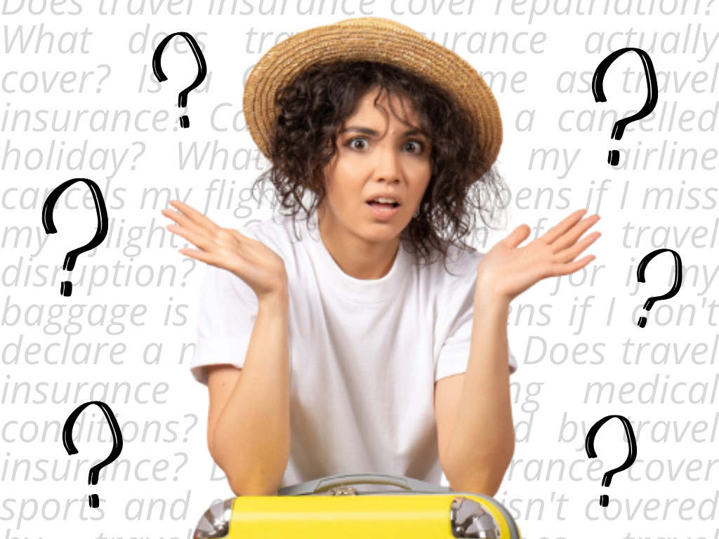 A confused woman leaning on a suitcase