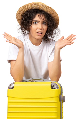 A confused woman leaning on a yellow suitcase