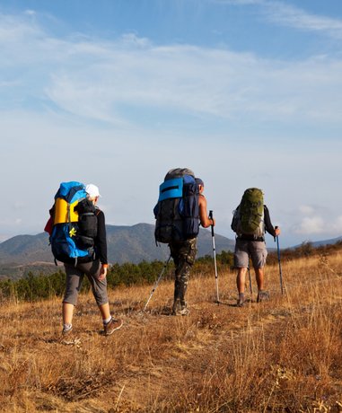 Group of hikers with backpacks walking on a mountain trail